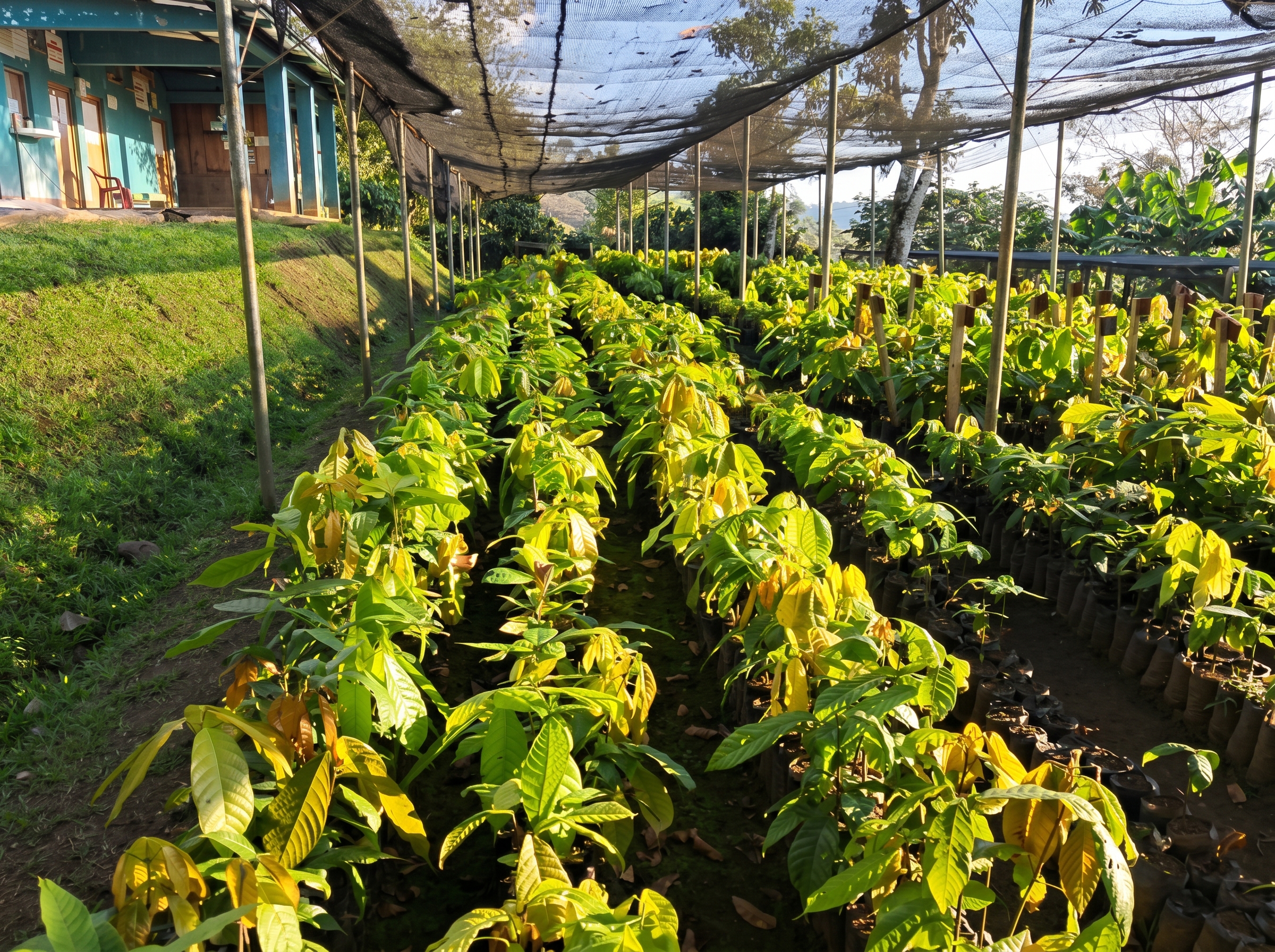 Vivero de cacao con plantas jóvenes en crecimiento